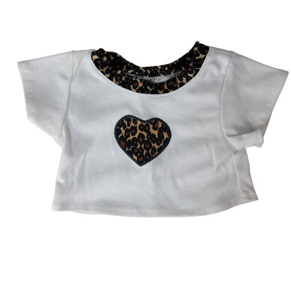 Build a Bear Bundle White Brown Leopard Heart Top Matching Jeans Clothes 2pc Lot - Picture 2 of 6